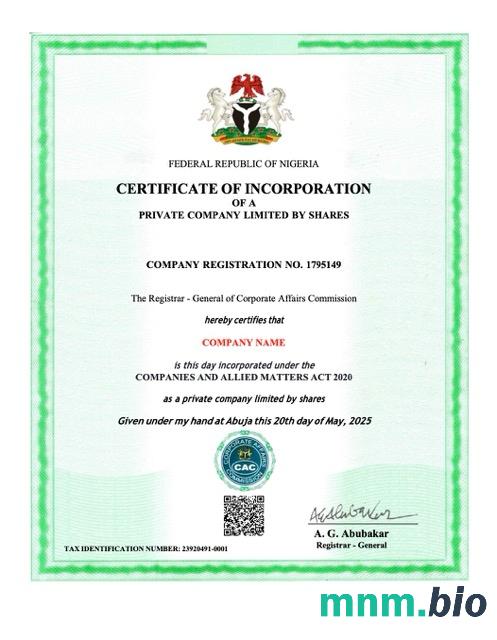 Nigeria vcertyfikat of inkorporacja Word i szablon PDF